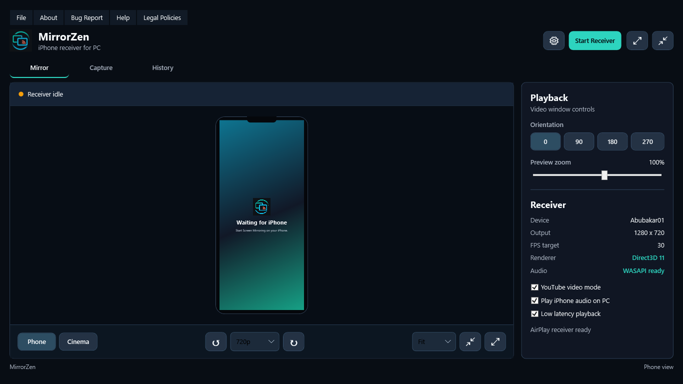 MirrorZen showing an iPhone AirPlay stream on Windows