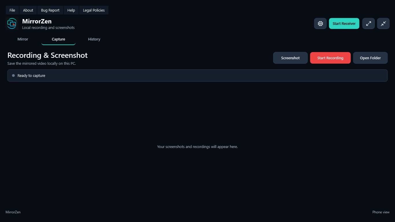 MirrorZen Recording and Screenshot tab