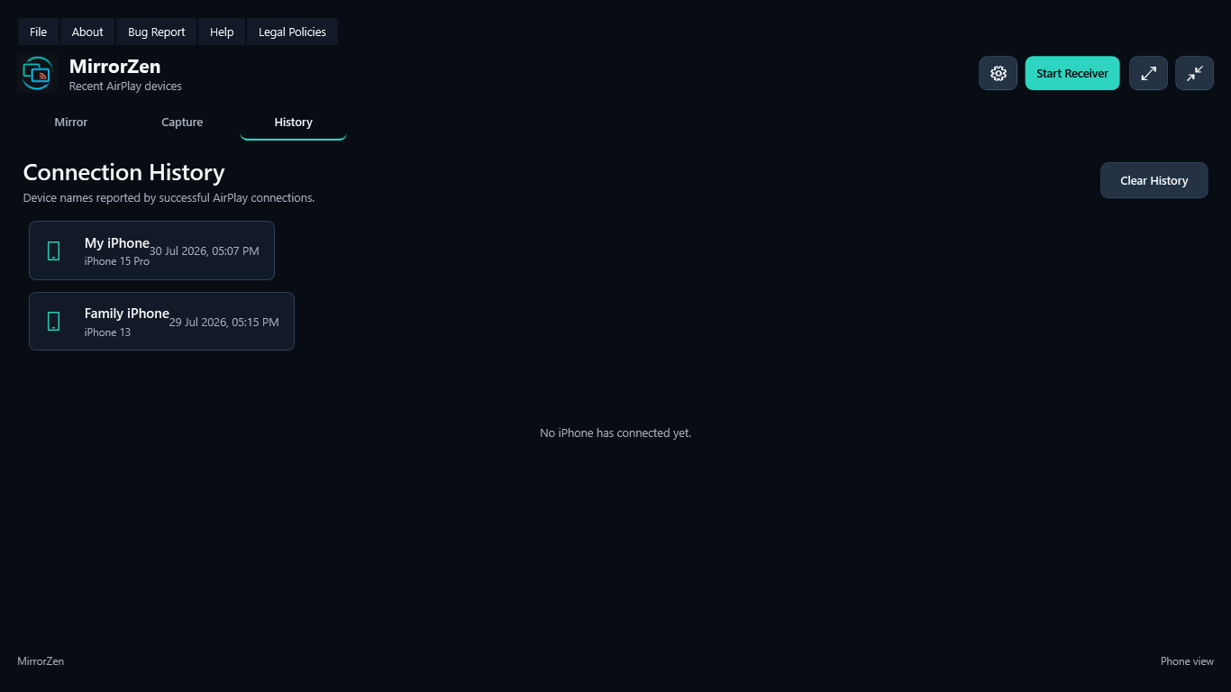 MirrorZen connection history