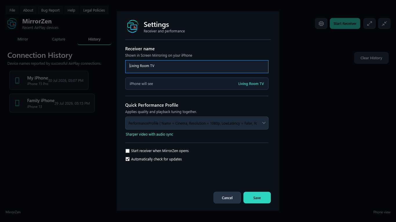 MirrorZen settings with performance profiles